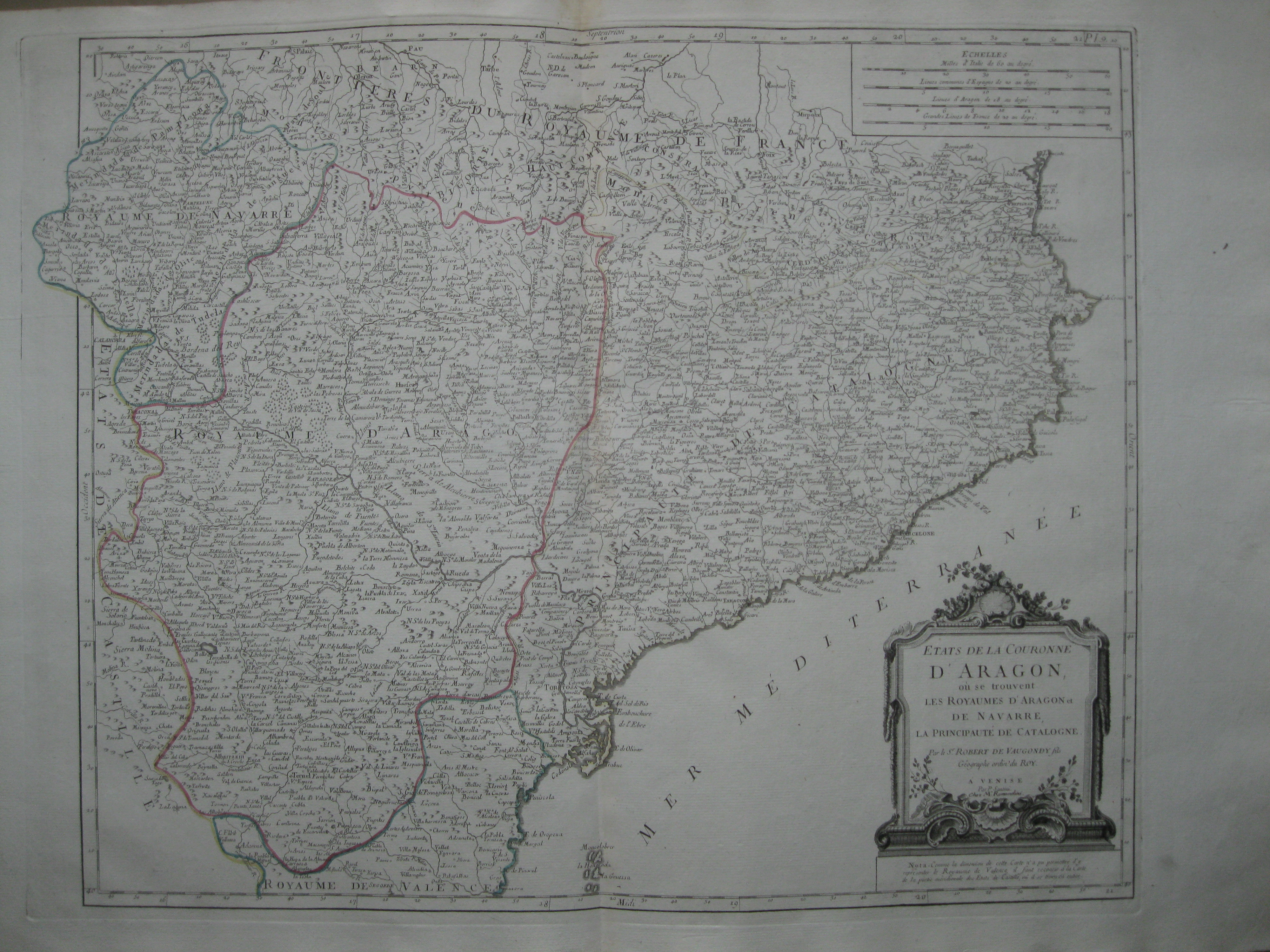 Gran mapa de Aragón, Navarra y Cataluña (España)1778. Vaugondy